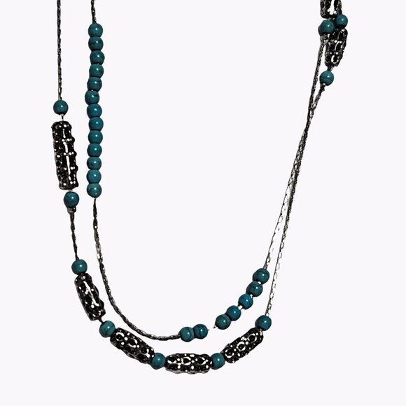 Erica Lyons Turquoise Silver Tone Beaded Multi Strand Necklace Fashion Jewelry - Picture 1 of 7